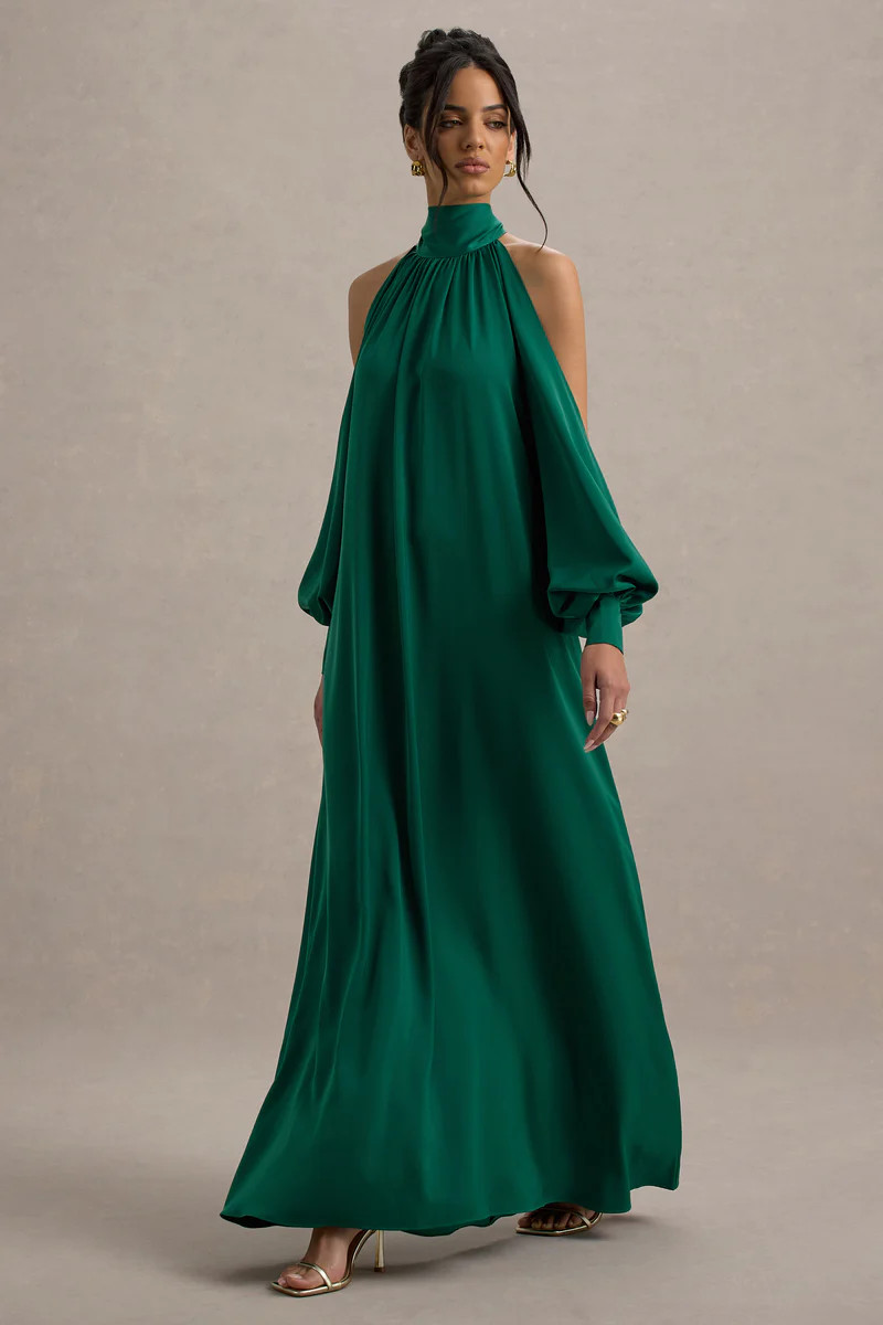 Baila | Bottle Green Satin High-Neck Cape-Sleeve Maxi Dress | Club L London