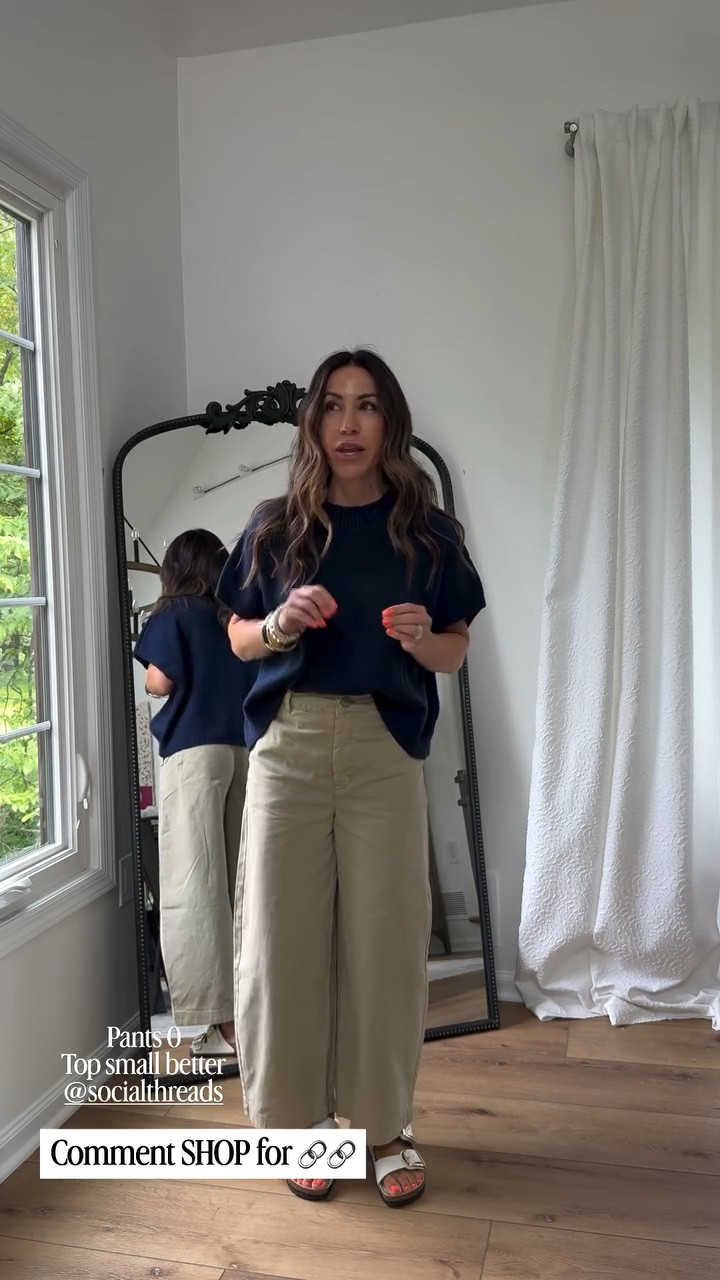 Chino pants 0. Small navy blue sweater.

#LTKOver40 #LTKPetite