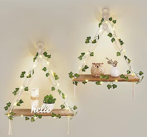 Mkono Artificial Ivy Macrame Hanging Shelves with Lights Set of 2 Boho Wall Decor Display Plants ... | Amazon (US)