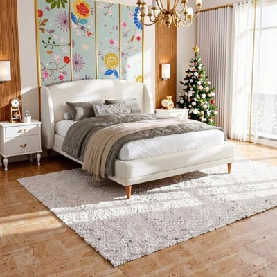 Queen Upholstered Platform Bed With Boucle Fabric And Wingback Headboard Rounded Corners | Wayfair North America