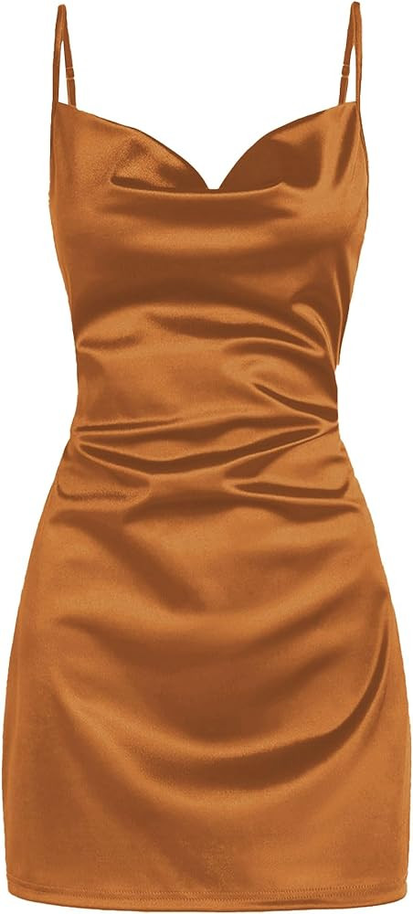 ZAFUL Women's Satin Sleeveless Spaghetti Strap Mini Dress Sexy Slip Cowl Neck Silky Cocktail Part... | Amazon (US)