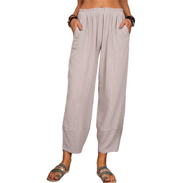 CIYCuIT Women Juniors Casual Cotton Linen Pants Straight Leg Elastic High Waist Ankle Length Pant... | Walmart (US)