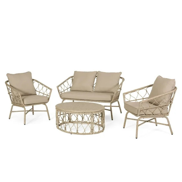 GDF Studio Colmar Outdoor Wicker 4 Seater Chat Set with Cushions, Light Brown and Beige | Walmart (US)