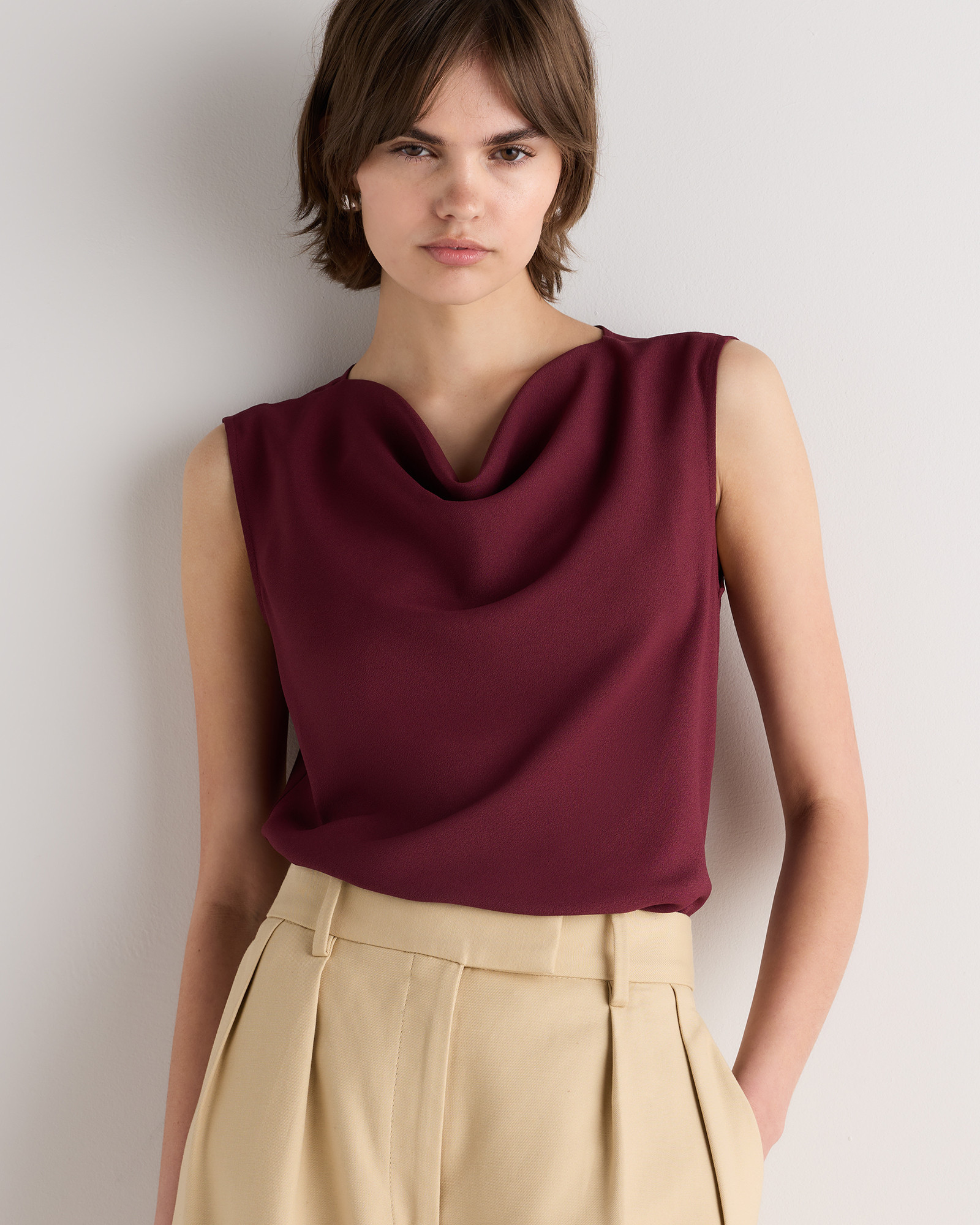 Quince | Women's Draped Matte Cowl Neck Tank Top in Coffee Bean Brown, Size Medium, Recycled Polyester | Quince
