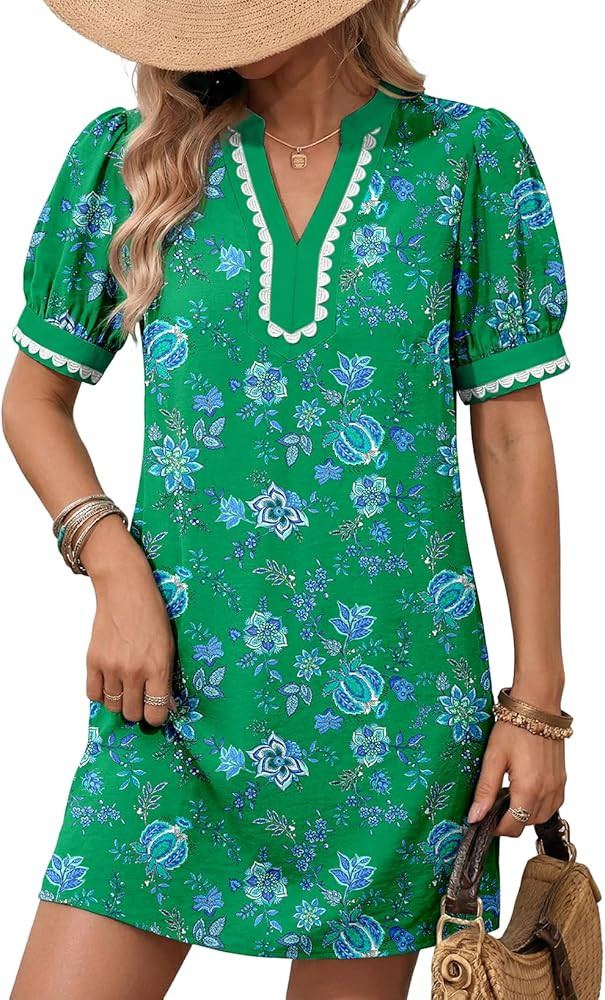 Dokotoo Summer Dresses for Women 2026 Boho Floral Puff Short Sleeve V Neck Trim Casual Mini Dress... | Amazon (US)
