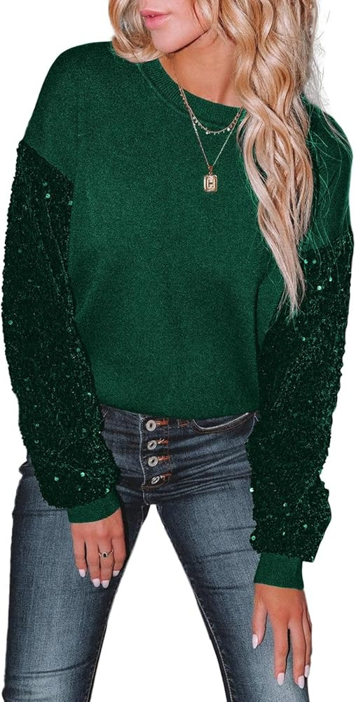 miduo Womens 2024 Fashion Crewneck Sequin Long Sleeve Casual Patchwork Sparkle Shimmer Pullovers ... | Amazon (US)