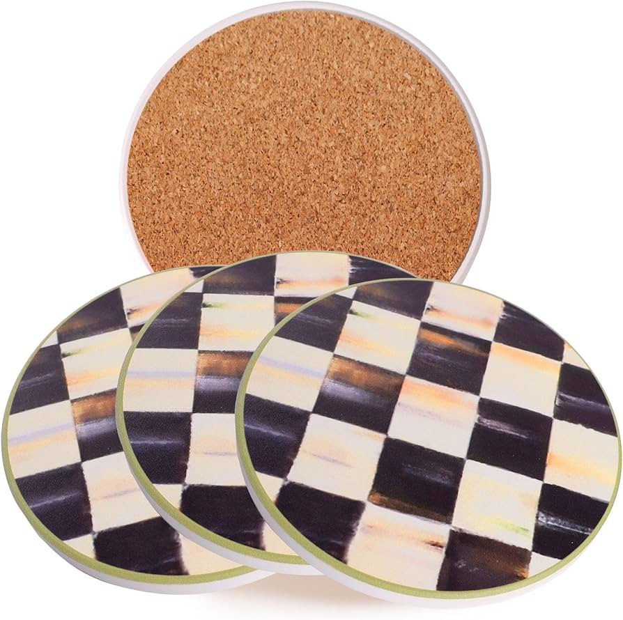 Round Balck and White Chekered Drink Coasters, Ceramic Coasters Set of 4, Absorbent Coasters with... | Amazon (US)