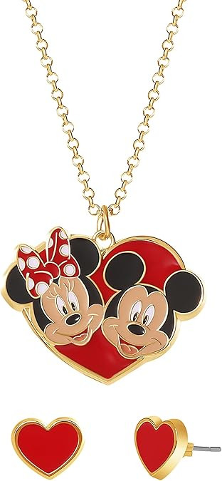 Disney Minnie Mouse Jewelry Set Official License, Gold-Tone and Enamel Pendant Necklace and Match... | Amazon (US)