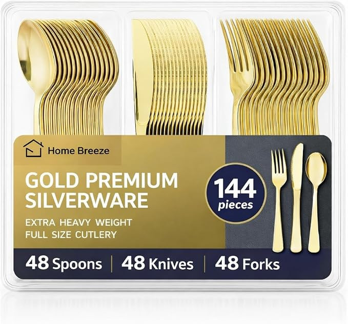 144 Pack Gold Premium Heavy Duty Plastic Silverware, 48 Forks, 48 Spoons, 48 Knives, For Catering... | Amazon (US)