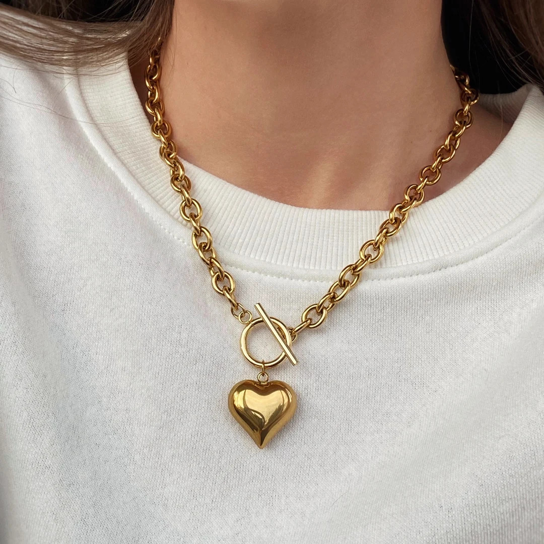 Puffy Heart Pendant Necklace/ Gold Chain Necklace/ Chunky Choker/ Waterproof Necklace/ Minimalist... | Etsy (US)