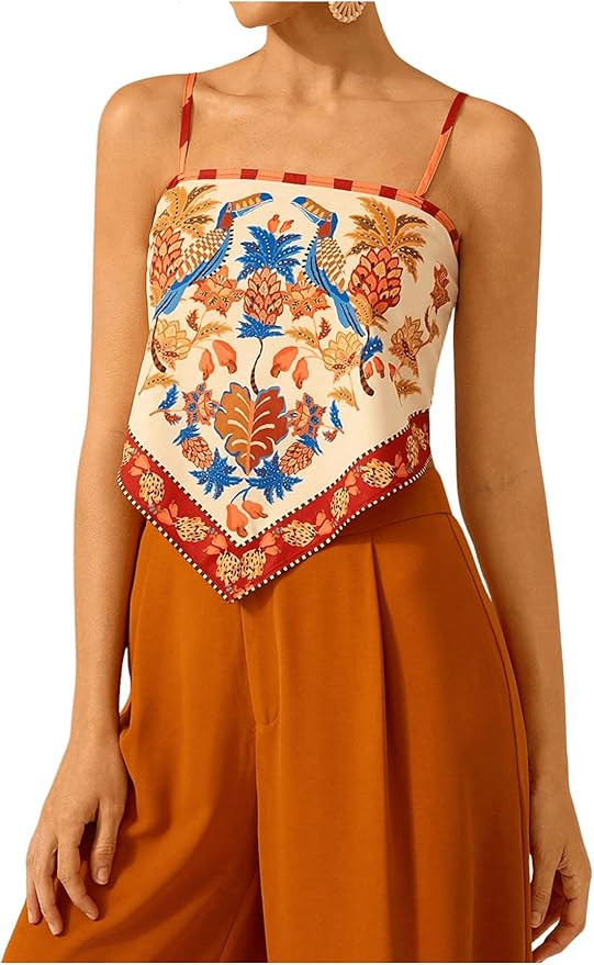 SHENHE Women's Tropical Print Bandana Top Tie Back Spaghetti Strap Boho Camisole Top | Amazon (US)