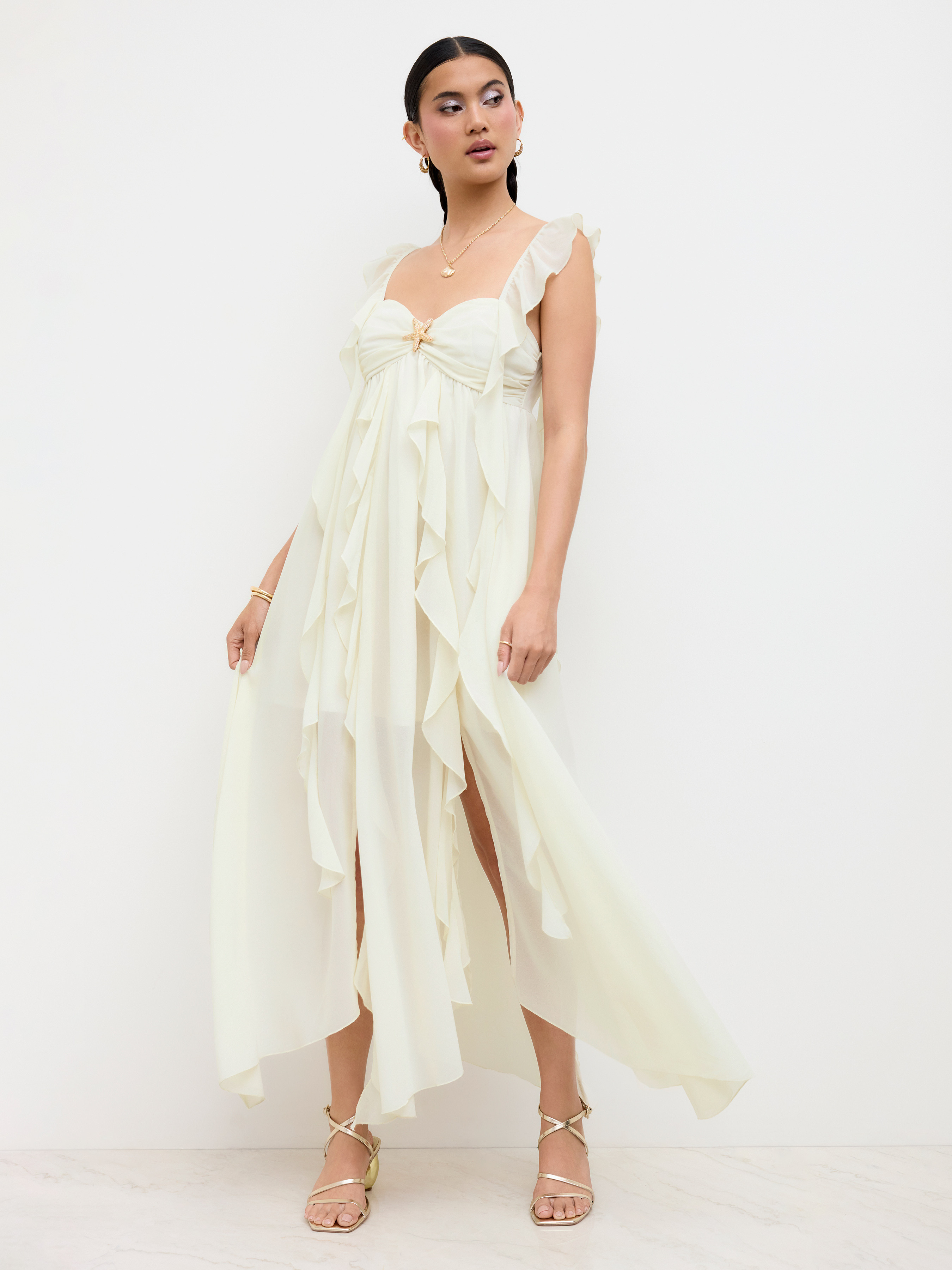 Chiffon Chiffon Starfish Metal Detail Ruffle Hem Maxi Dresse For Daily Casual | Cider