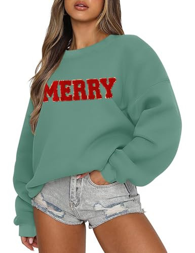 LOMON Merry Christmas Sweatshirts Women Merry Letter Graphic Sweatshirts Xmas Holiday Party Pullover Sweater（Gray Green Merry Christmas,XXL | Amazon (US)