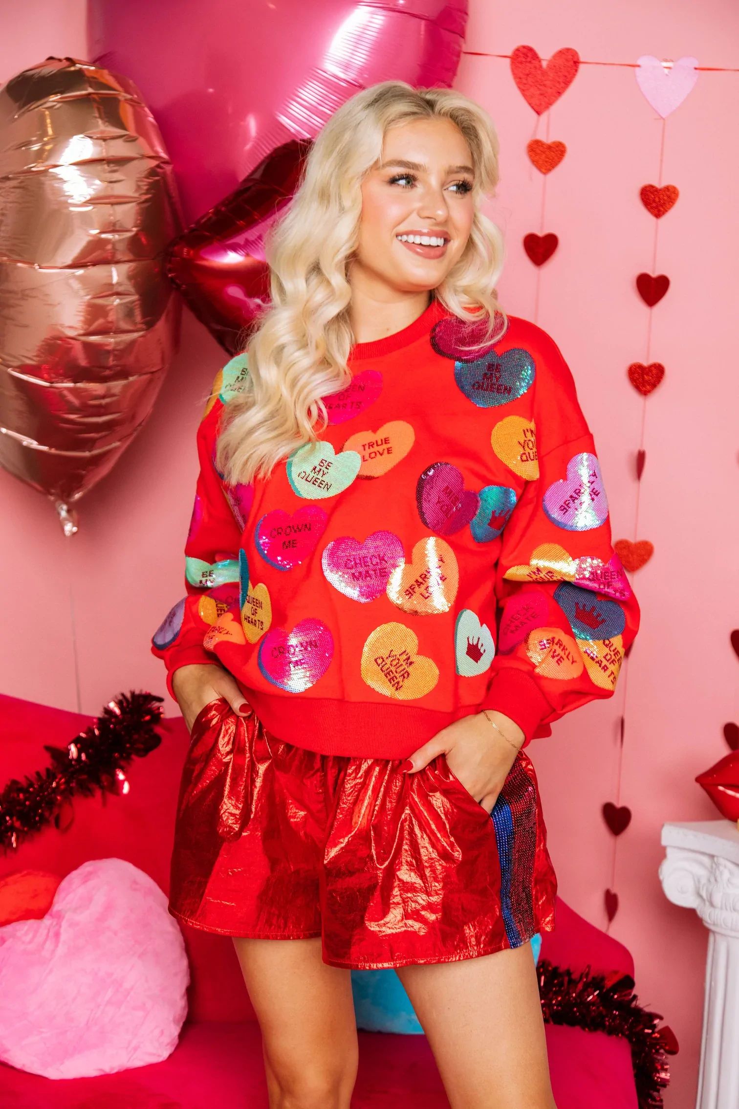 Queen of Sparkles Red Sequin Candy Heart Sweatshirt | Frock Shop