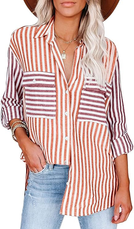 MIHOLL Womens Button Down Shirts Striped Casual Long Sleeve V Neck Blouse Tops | Amazon (US)