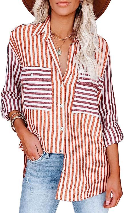 MIHOLL Womens Button Down Shirts Striped Casual Long Sleeve V Neck Blouse Tops | Amazon (US)