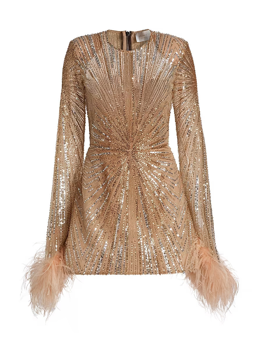 Women's Tokyo Feather-Cuff Sequined Minidress - Gold - Size Large | Saks Fifth Avenue