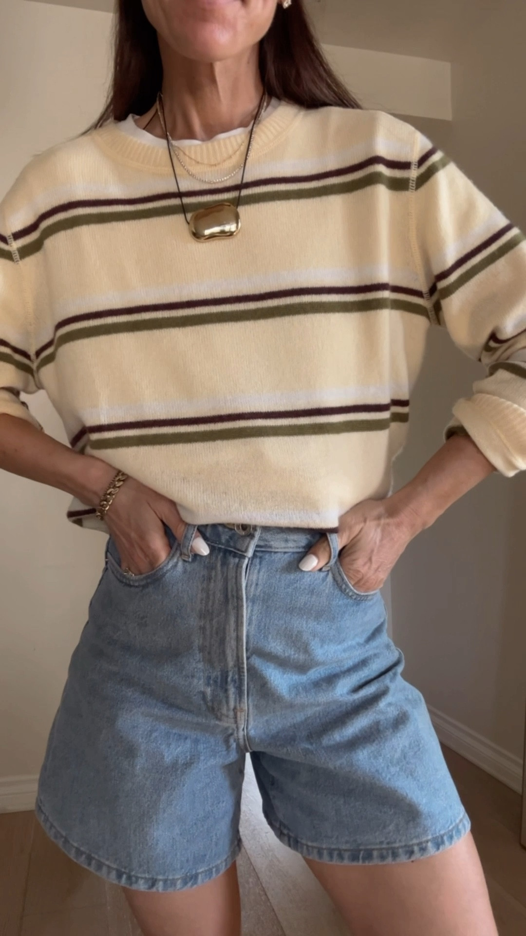 Today’s easy outfit formal 
Denim shorts + basic white tee + layered with a striped sweater 

#LTKOver40 #LTKPetite