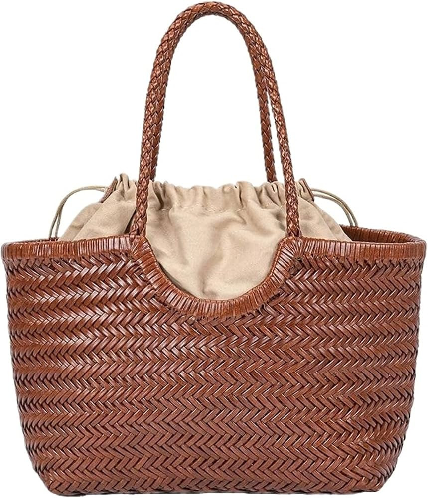 Woven Leather Bags Hand-woven Leather Woven Casual Vegetable Basket Bag With Inside Vintage Shopp... | Amazon (UK)