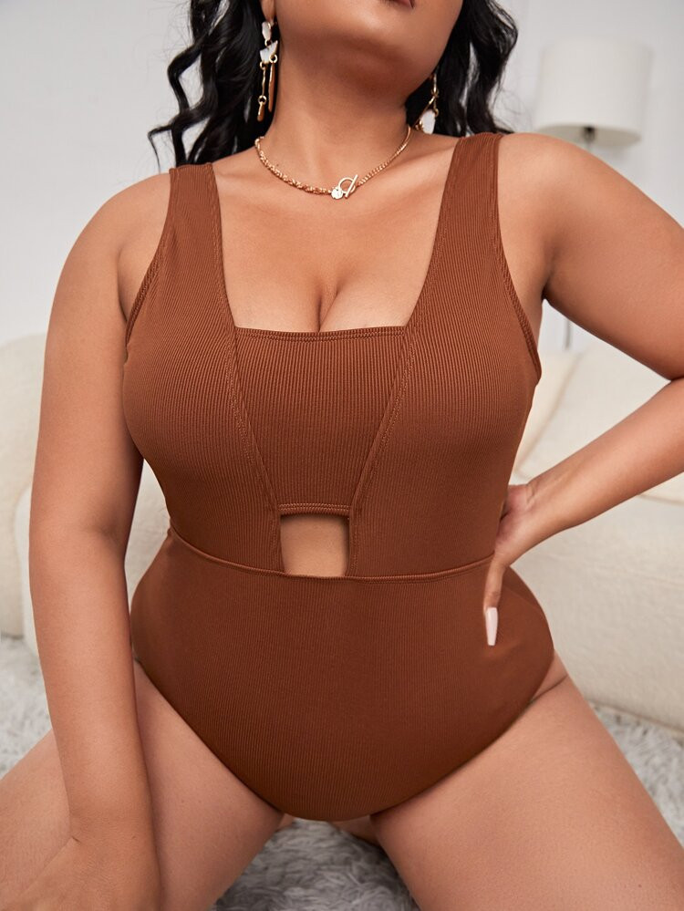 Plus Rib Cut Out One Piece Swimsuit | SHEIN