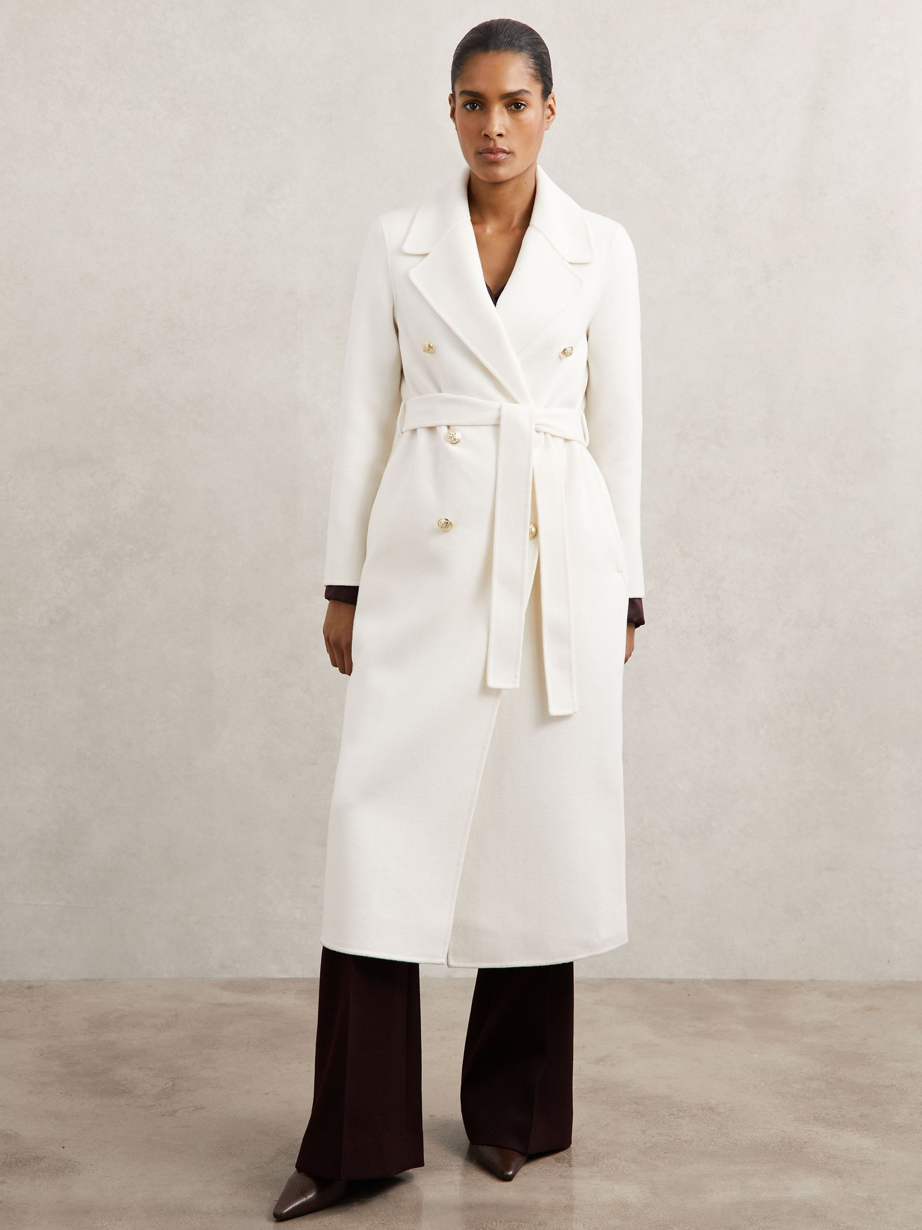 Double-Breasted Blindseam Coat Wool-Blend in Cream | Reiss UK