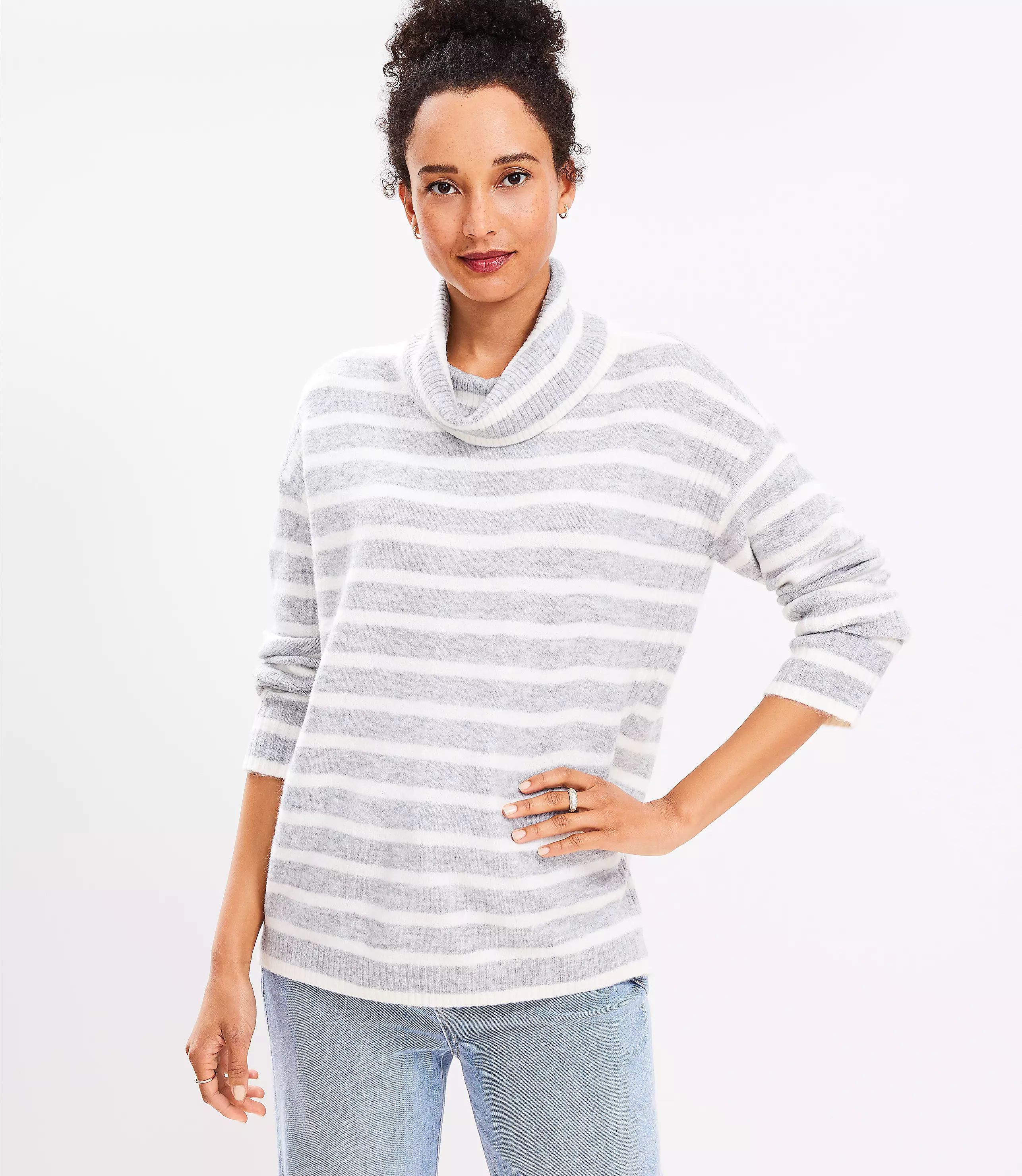Striped Ribtrim Turtleneck Tunic Sweater | LOFT