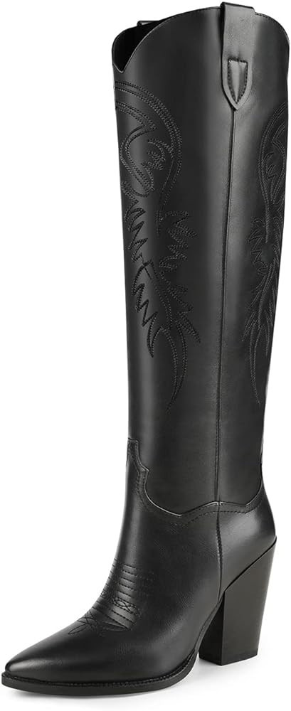 ISNOM Women's Western Boots Knee High Boots, Cowboy Cowgirl Embroidered Chunky Block Heel Pointed... | Amazon (US)