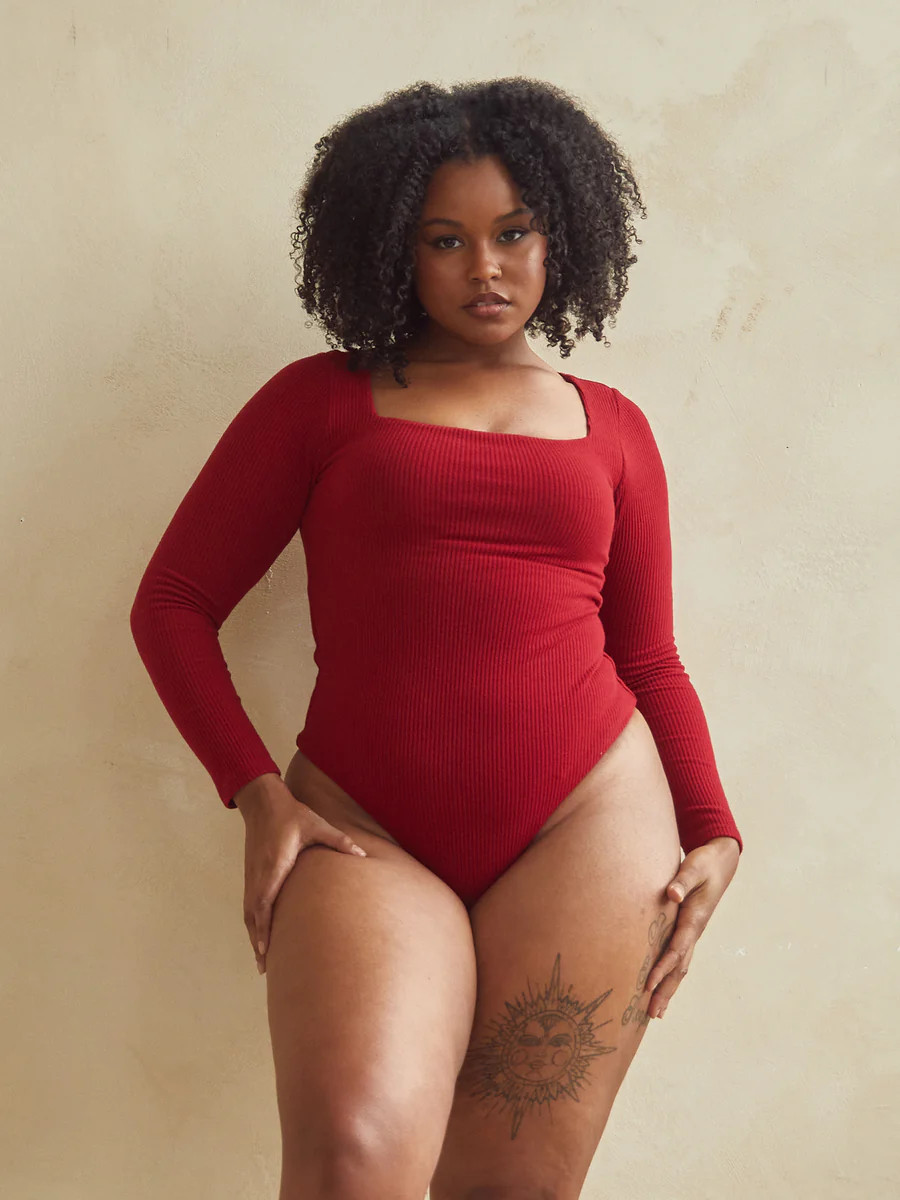 Ribbed Square Neck Long Sleeve Bramisuit | Klassy