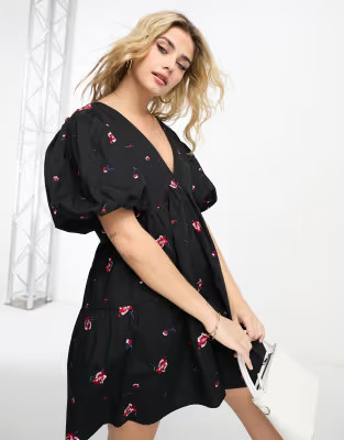 ASOS DESIGN embroidered tiered smock romper in black | ASOS (Global)