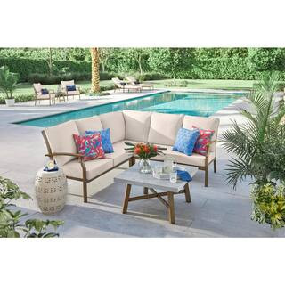 Beachside Rope Look Wicker Outdoor Patio Sectional Sofa Seating Set with CushionGuard Almond Tan ... | The Home Depot