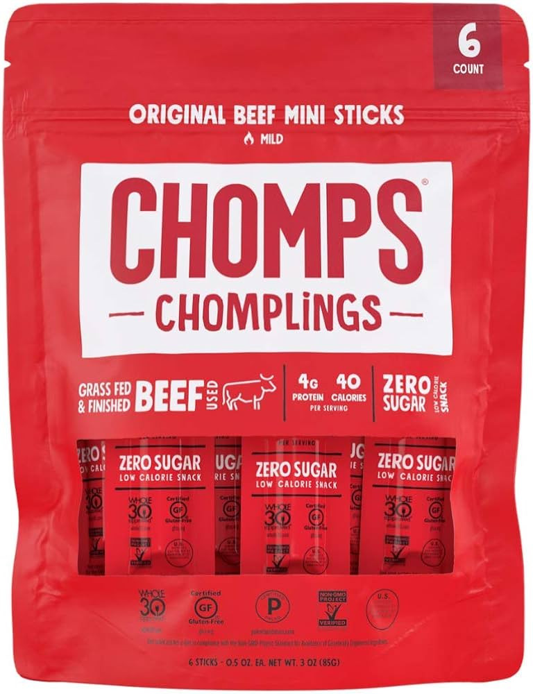 CHOMPS MINI Grass Fed Beef Jerky Meat Snack Sticks 0.5 Oz, Original Beef (Pack of 6) | Amazon (US)