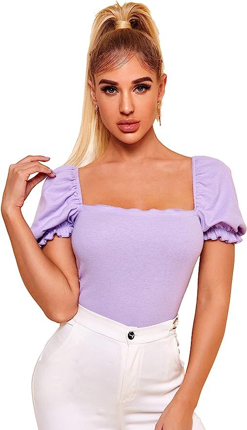 DIDK Women's Puff Sleeve Solid Top Pullover Square Neck Rib Knit Blouse | Amazon (US)