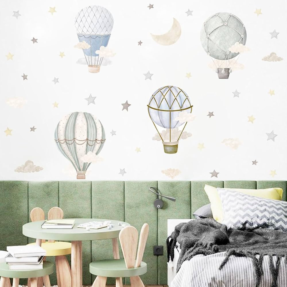 Watercolor Hot Air Balloon Wall Decals, Stars Clouds Balloon Vinyl Wall Stickers, Peel and Stick ... | Amazon (US)