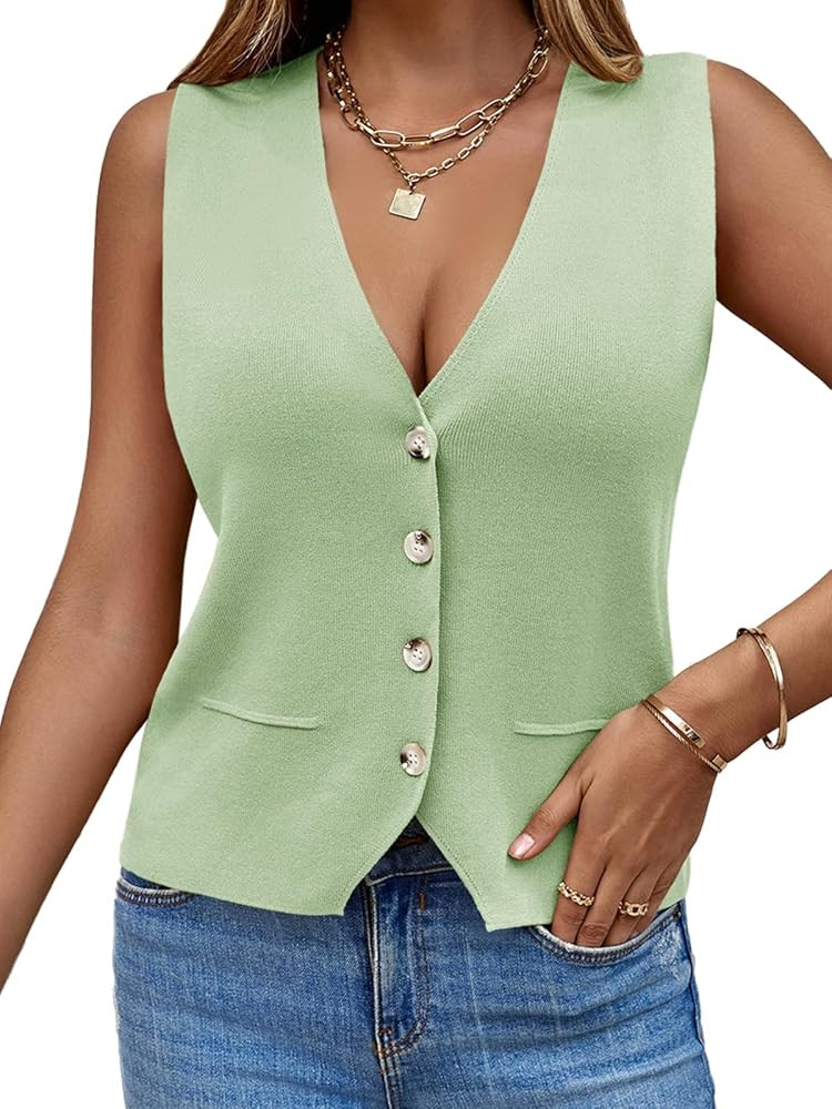 Saodimallsu Womens Sleeveless Sweater Vest Knit V Neck Button Fashion Casual Loose Spring Summer ... | Amazon (US)