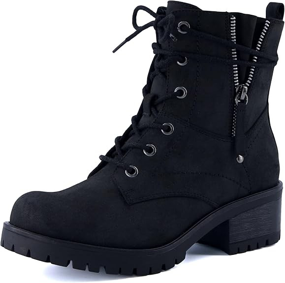 Dunes Women's Kobe Heeled Combat Boots – Lace-Up with Side Zipper, Memory Foam Insoles, Faux Fu... | Amazon (US)