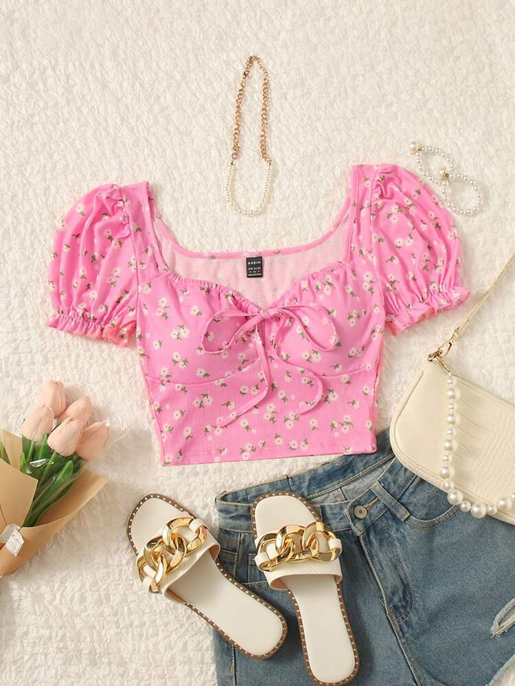 SHEIN VCAY Puff Sleeve Tie Front Ditsy Floral Top | SHEIN