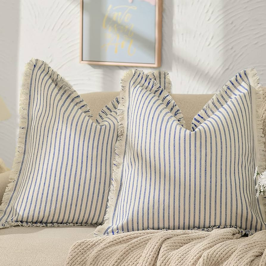 ZWJD Throw Pillow Covers 18x18 Set of 2 Striped Pillow Covers with Fringe Chic Cotton Decorative ... | Amazon (US)