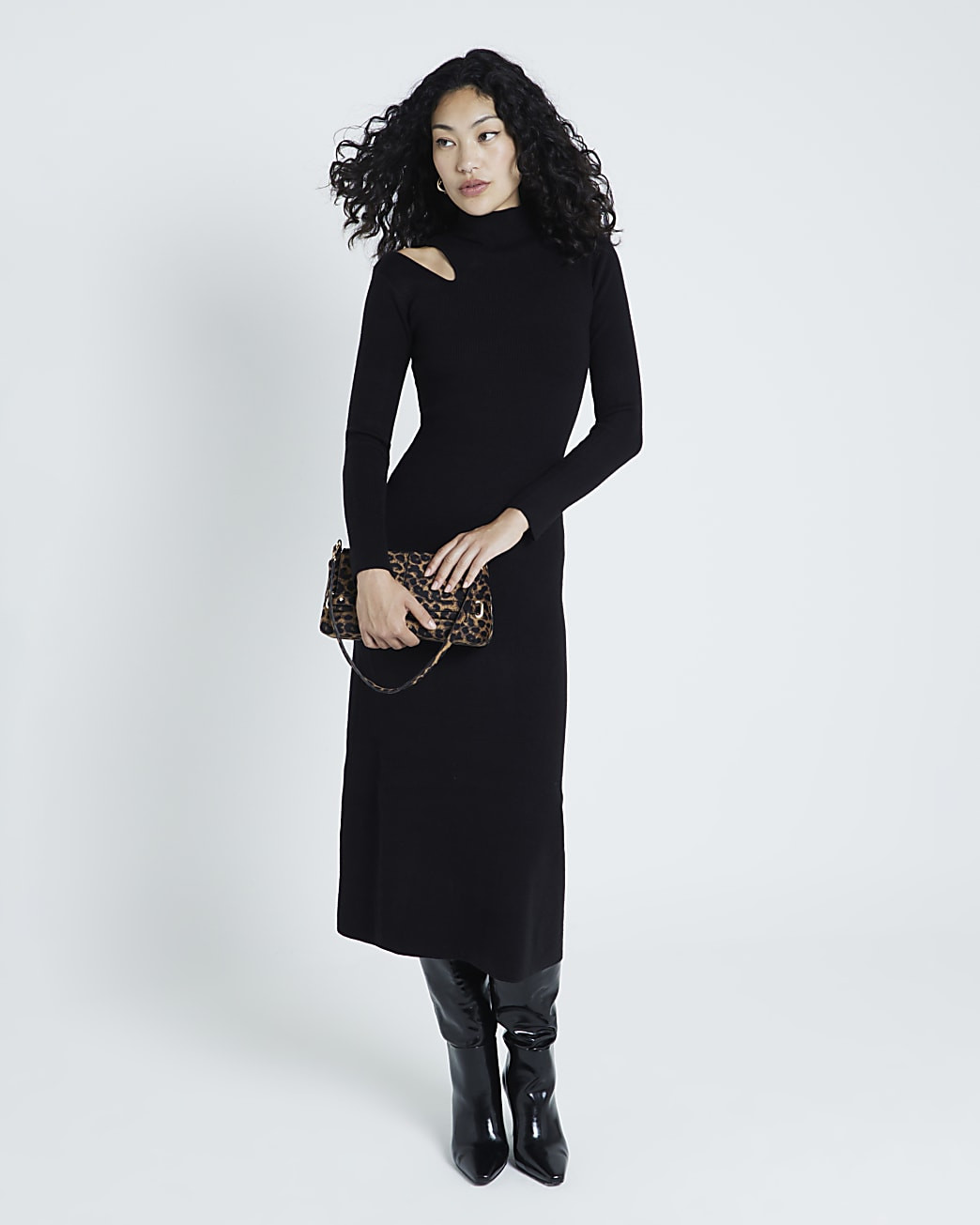 Black long sleeve cut out midi dress | River Island (UK & IE)