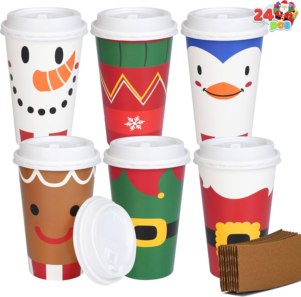JOYIN 24 PCS Merry Christmas Disposable Paper Cups with Sleeves and Lids, 6 Designs Xmas Drinkwar... | Amazon (US)