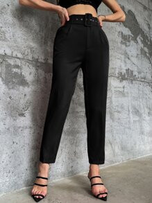 SHEIN Privé Solid Belted Tapered Pants | SHEIN