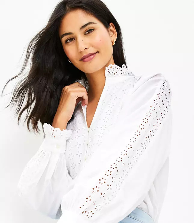 Eyelet Ruffle Bib Blouse | LOFT