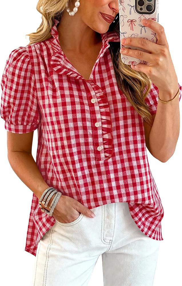 MASCOMODA Womens Puff Short Sleeve Summer Tops Striped Plaid Ruffle V Neck Button Down Shirts Bus... | Amazon (US)