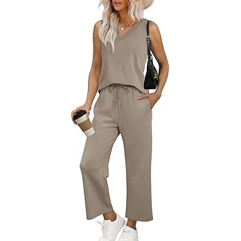 WIHOLL Two Piece Set for Women Summer Outfits Vacation Trendy Lounge Sets V Neck Matching Sets | Amazon (US)