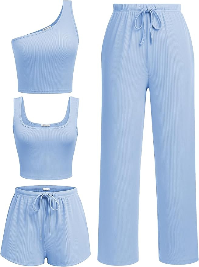 Ekouaer Womens 4 Piece Lounge Sets Ribbed Knit Crop Tank Top and Shorts Pants Casual Outfits | Amazon (US)