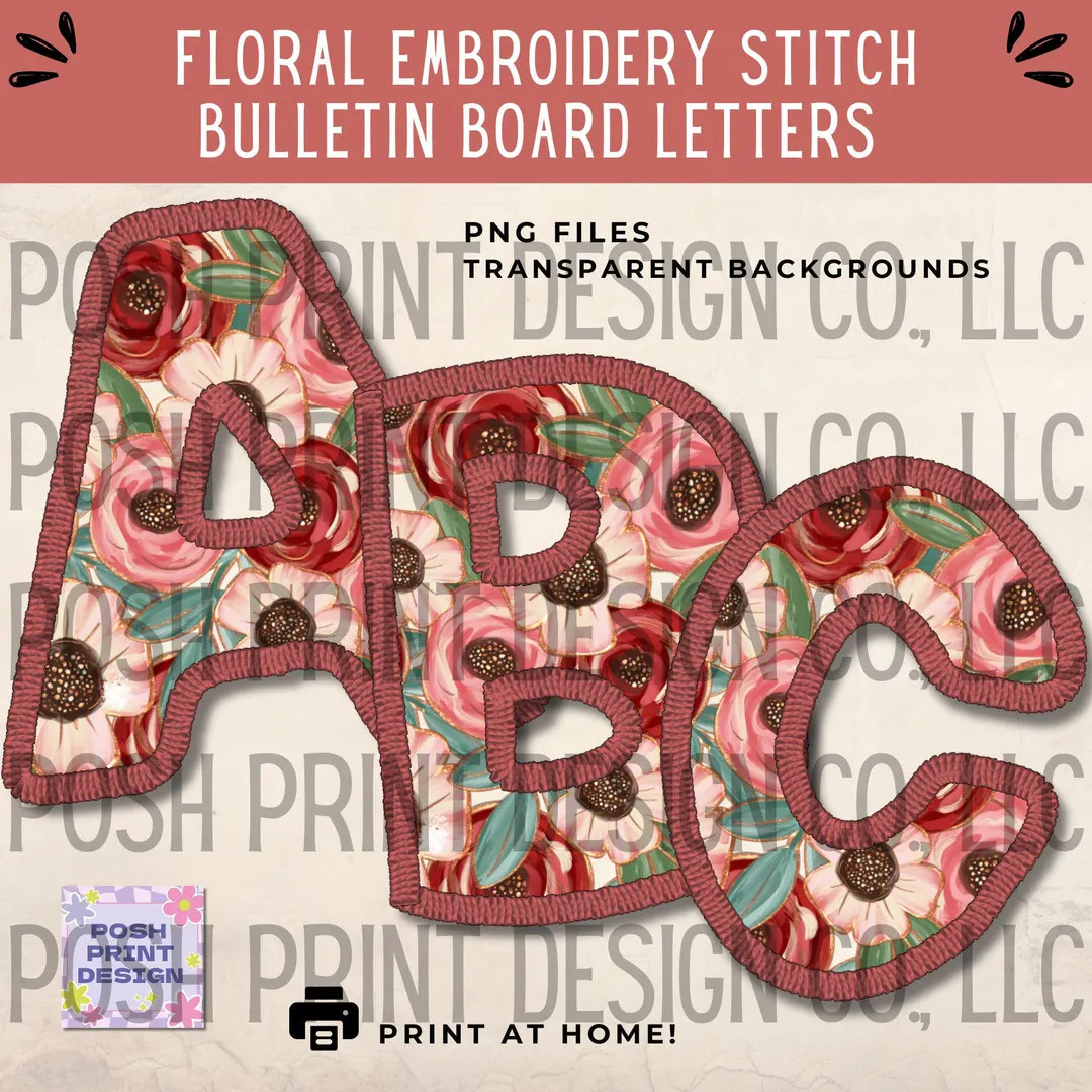 Floral Embroidery Stitched Alphabet Clip Art, Bulletin Board Letters, PNG Files, Digital Download... | Etsy (US)