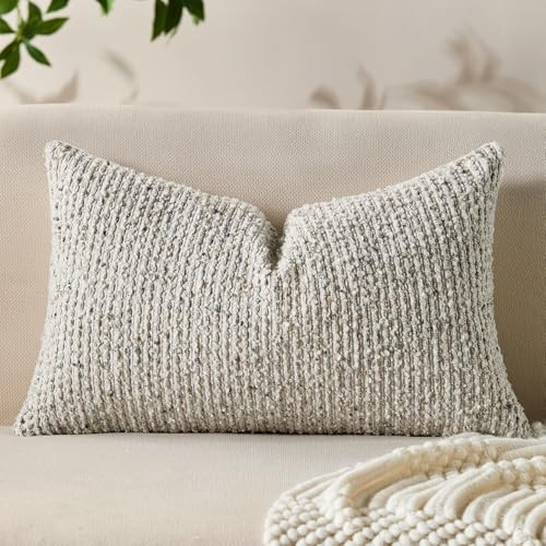 Allorry Decorative Lumbar Pillow Cover 12x20 Cream Gray Striped Soft Wool Lumbar Throw Pillow Neutral Textured Boho Cushion Covers for Modern Farmhouse Sofa Bedroom Living Room Decor SY011-B12 | Amazon (US)
