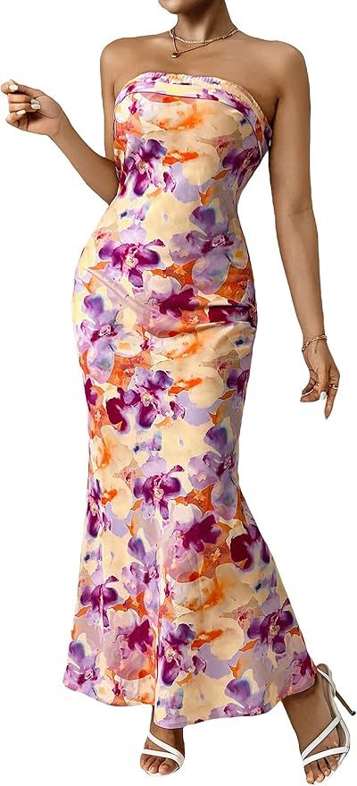 Milumia Women's Floral Backless Long Tube Dress Strapless Cut Out Flared Hem Maxi Dresses | Amazon (US)