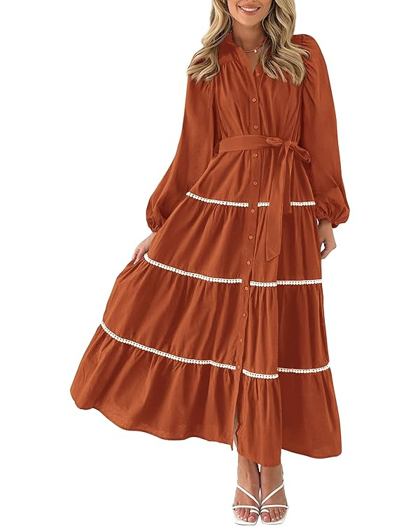 PRETTYGARDEN Womens Casual Dresses Loose Belted Long Lantern Sleeve Tiered Button Down Maxi Shirt... | Amazon (US)
