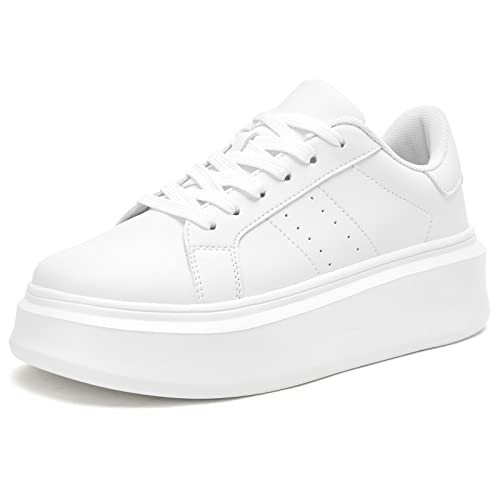 Akk White Platform Sneakers for Women - Lightweight Classic Leather Walking Tennis Shoes Comfort Non Slip Lace Up Fashion Casual Skate Plain Shoes All White Size 9.5 | Amazon (US)