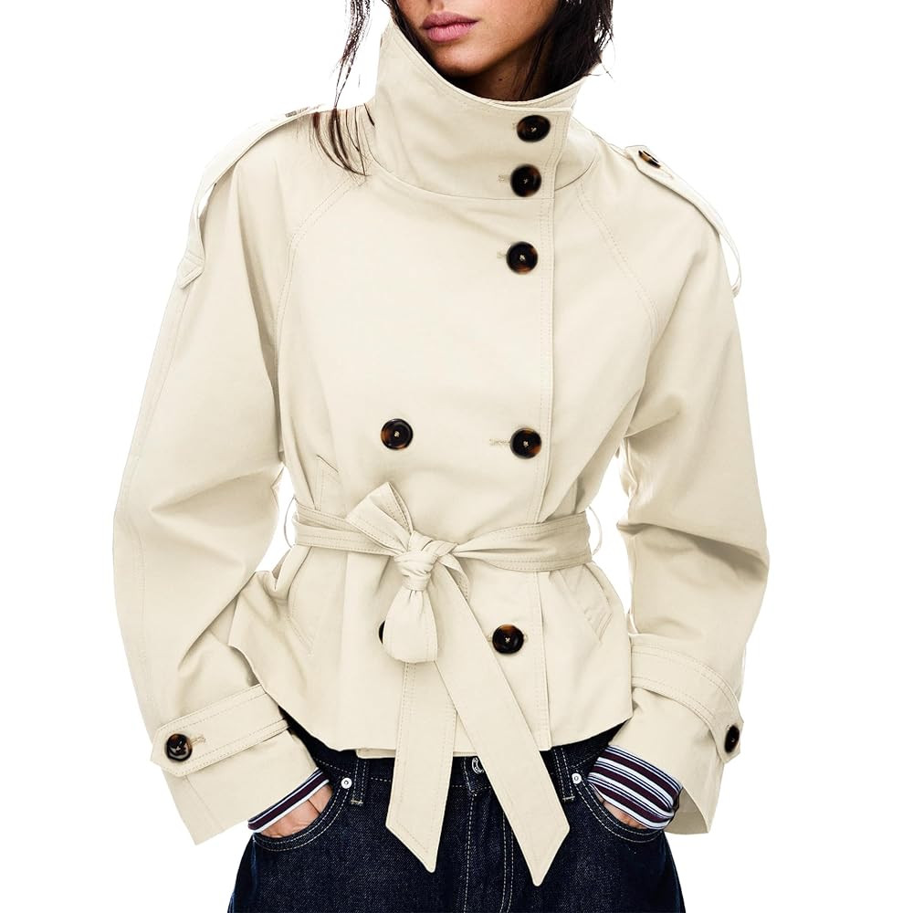 Women's Cropped Trench Coat Double Breasted Short Jacket High Collar Fall Winter Coats Trendy Out... | Amazon (US)